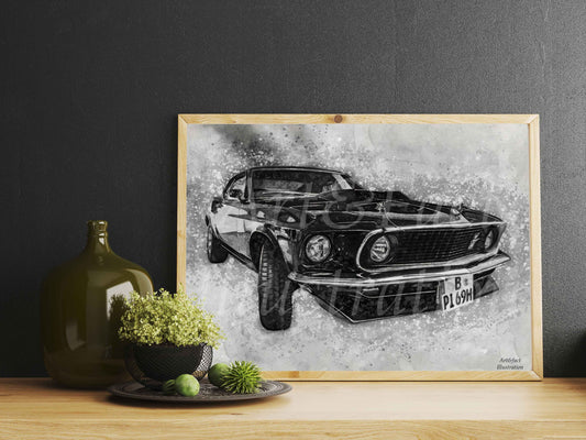 Ford Mustang / Année 69 / Auto / Fan Voiture / Art / Décoration / Geek Voiture / Bureau / Chambre / Idée Cadeau