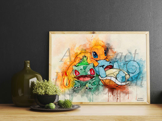 Starters Pokémon / Poster / Art Print / Dessin animé / Décoration / Chambre Enfant / Idée Cadeau / Fan Pikachu / Fan Pokemon